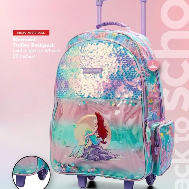Smiggle Mermaid trolley 18 inch bag pack for kids - extendable handles and light up wheels