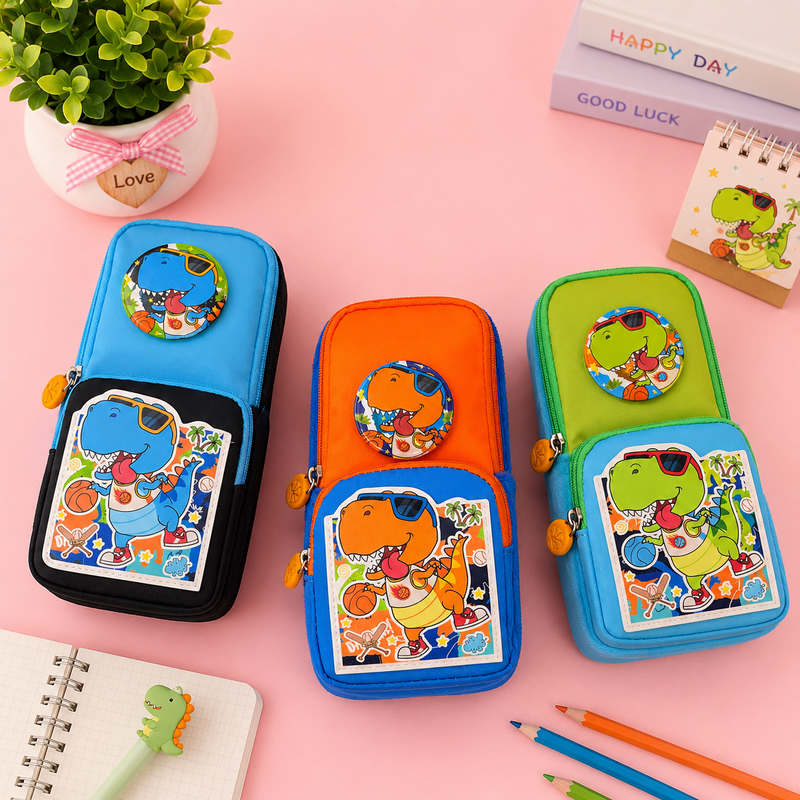 Neon Dino pencil pouches with Dino badge